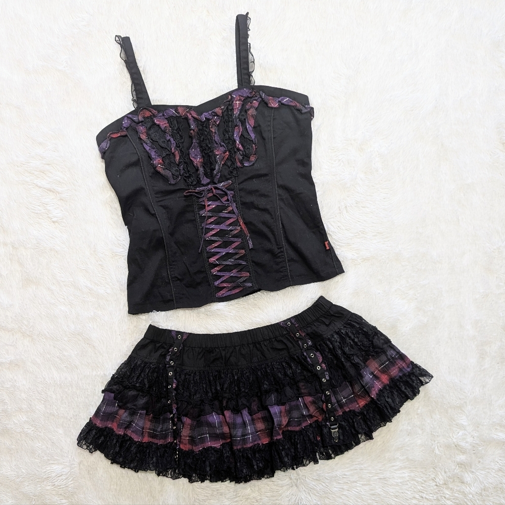 Y2K Vintage Tripp NYC 2 Piece Lace Up Corset & Garter Skirt Plaid Set XL/XXL - Picture 3 of 16